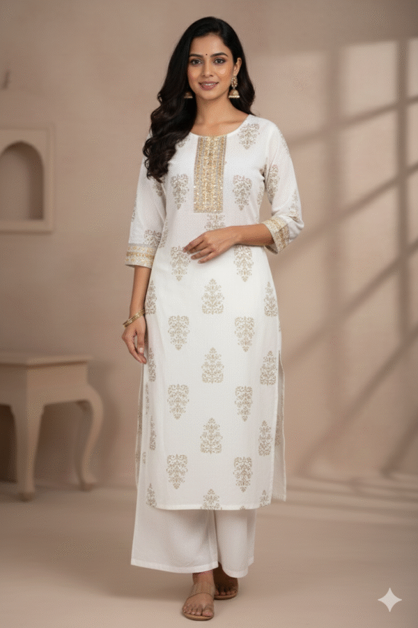 White & Gold Print Kurta