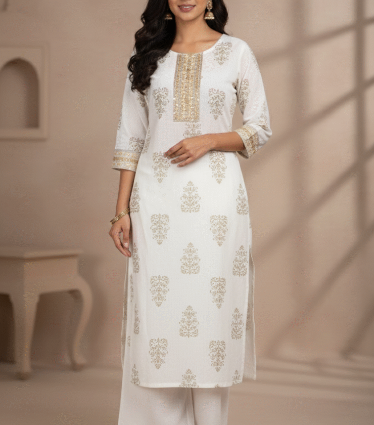 White & Gold Print Kurta