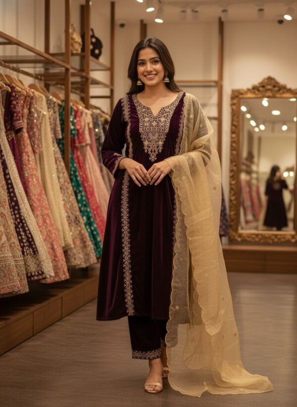EMBROIDERED KURTI ON VELVET FABRIC WITH DUPATTA & PLAZZO