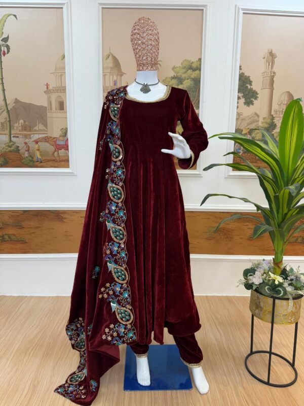3 PIECE EMBROIDERED GOWN ON VELVET FABRIC