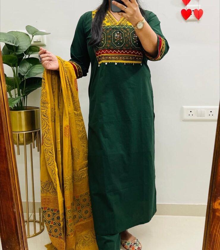 Pure Cotton kurti with print with pant and mulmul printed dupatta