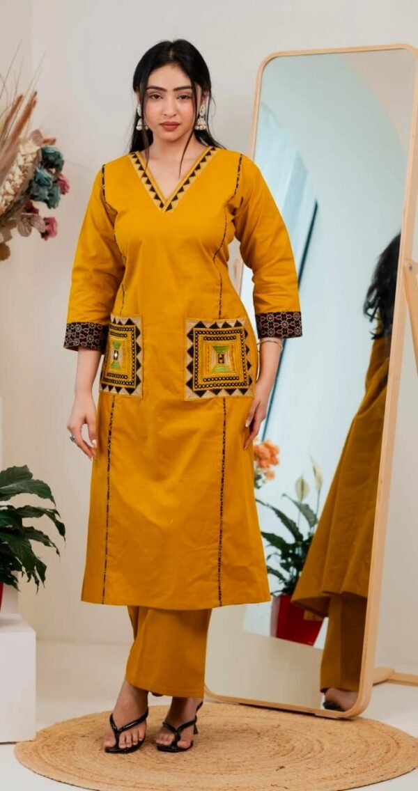 Pure natural cotton kurta collar neck with beautiful pent set