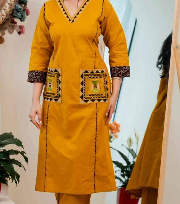 Pure natural cotton kurta collar neck with beautiful pent set