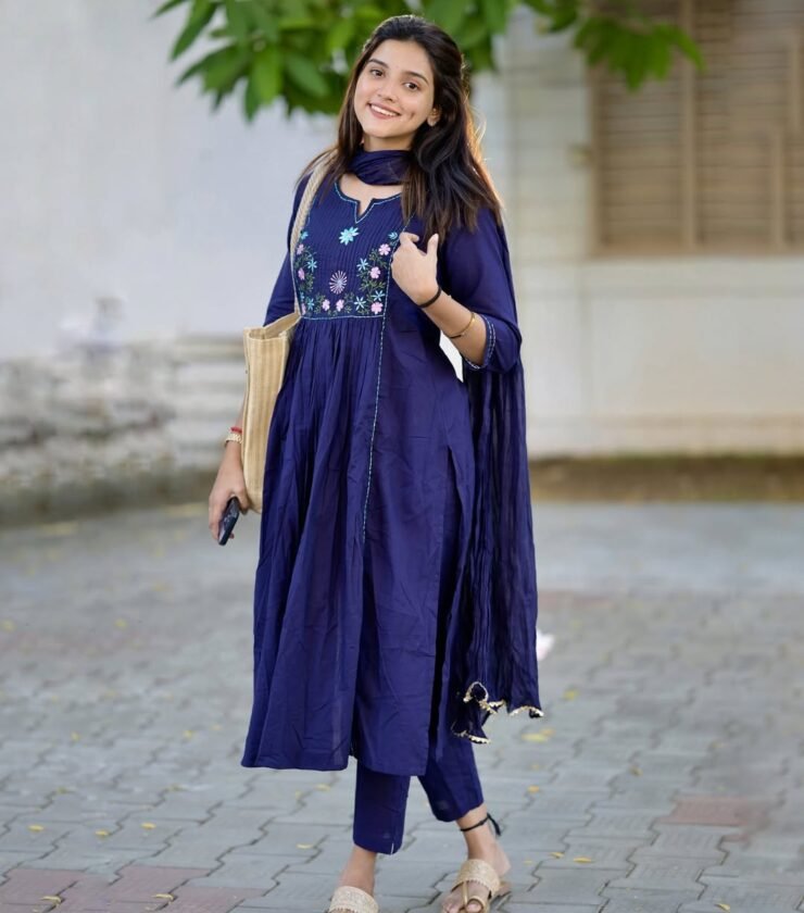 Pure fine Cotton fabric  heavy embroidery Kurti with Pant with cotton Dupatta