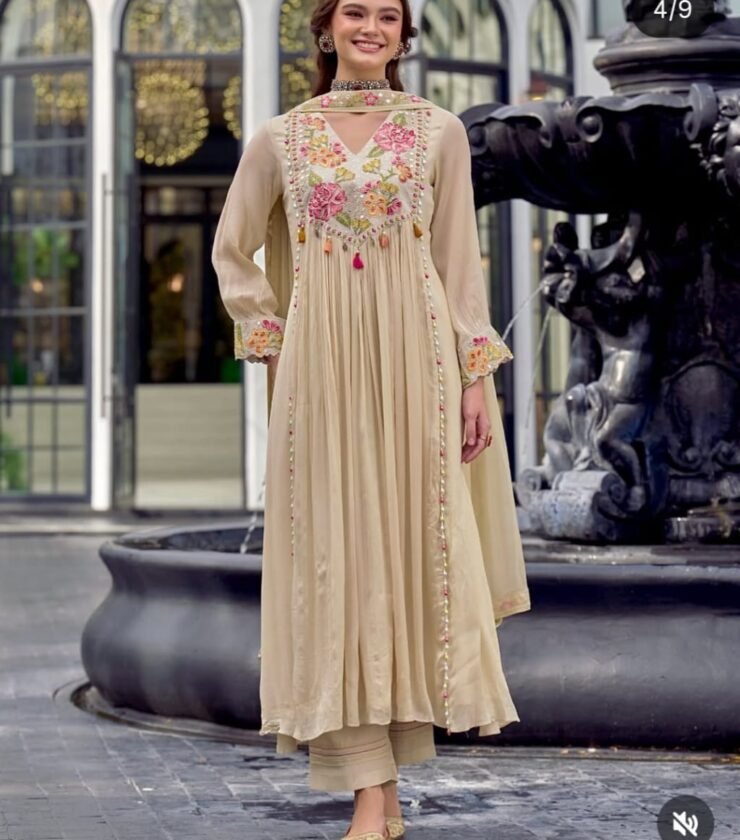 Cotton long A-line style full flair party wear dupatta sets