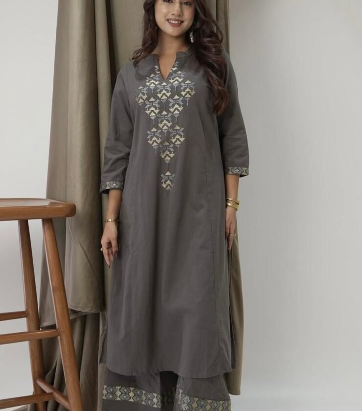 A line style kurti with pattern pant and dupatta