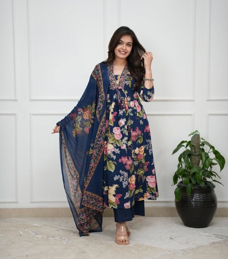 Pure Cotton embroidery print kurti with pant and mulmul printed dupatta