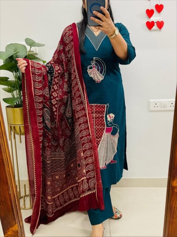 Pure fine Cotton fabric heavy embroidery Kurti , Pant with Dupatta