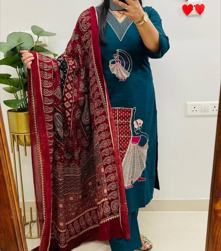 Pure fine Cotton fabric heavy embroidery Kurti , Pant with Dupatta