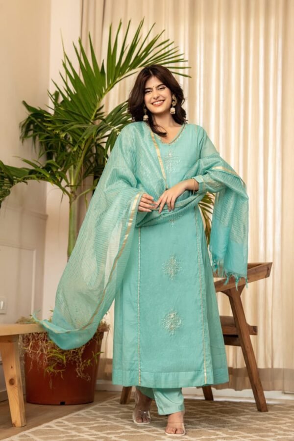 Premium Mul Chanderi Kurti Pant Dupatta Set