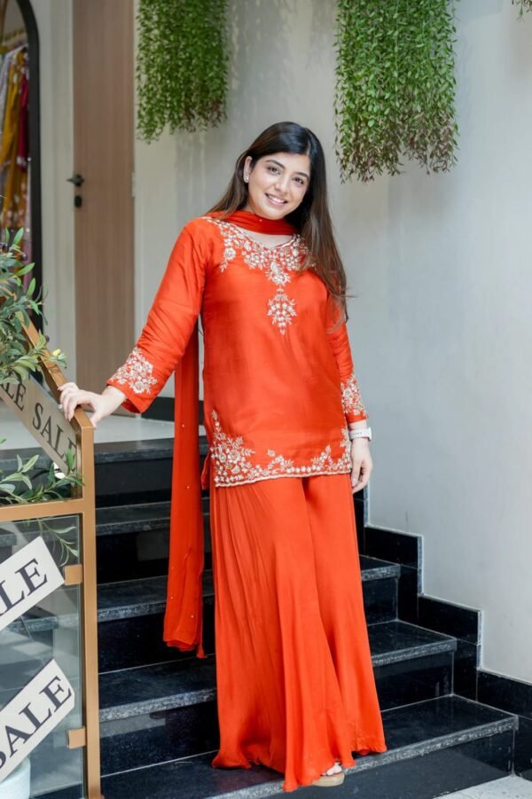 Premium Mul Chanderi With Full Hand Work Plaazo Dupatta Set
