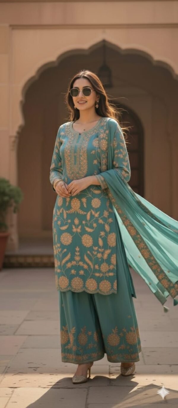 WEDDING SEASON EMBROIDERED WORK TOP , PLAZZO WITH DUPATTA
