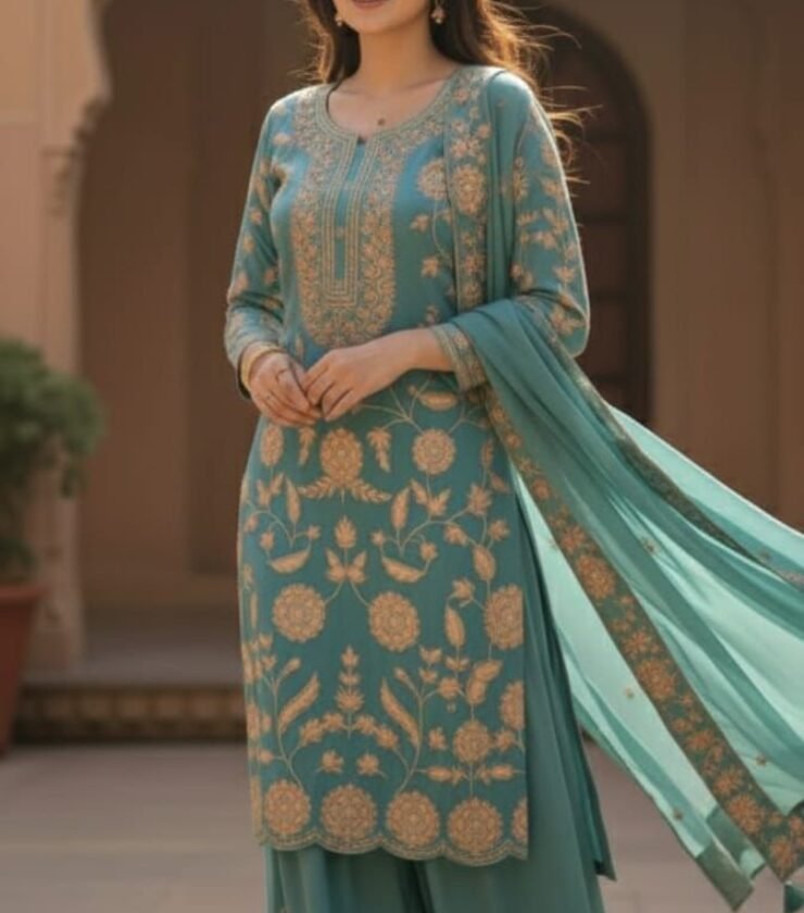 WEDDING SEASON EMBROIDERED WORK TOP , PLAZZO WITH DUPATTA