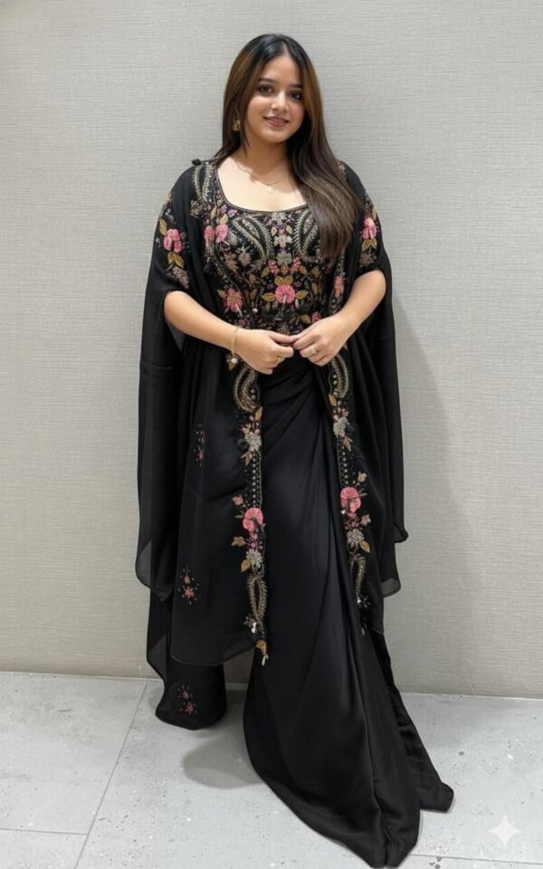 3 PIECE INDO WESTERN SHRUG ,DHOTI AND BLOUSE WITH SEQUENCE EMBROIDERY WORK